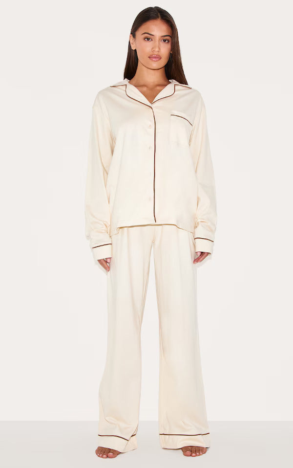 Bust-Friendly Cream Dream Piped - PJ Set